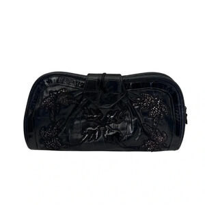 Vintage | Gregory | Embroidered Black And Bronze Leather  Large Clutch